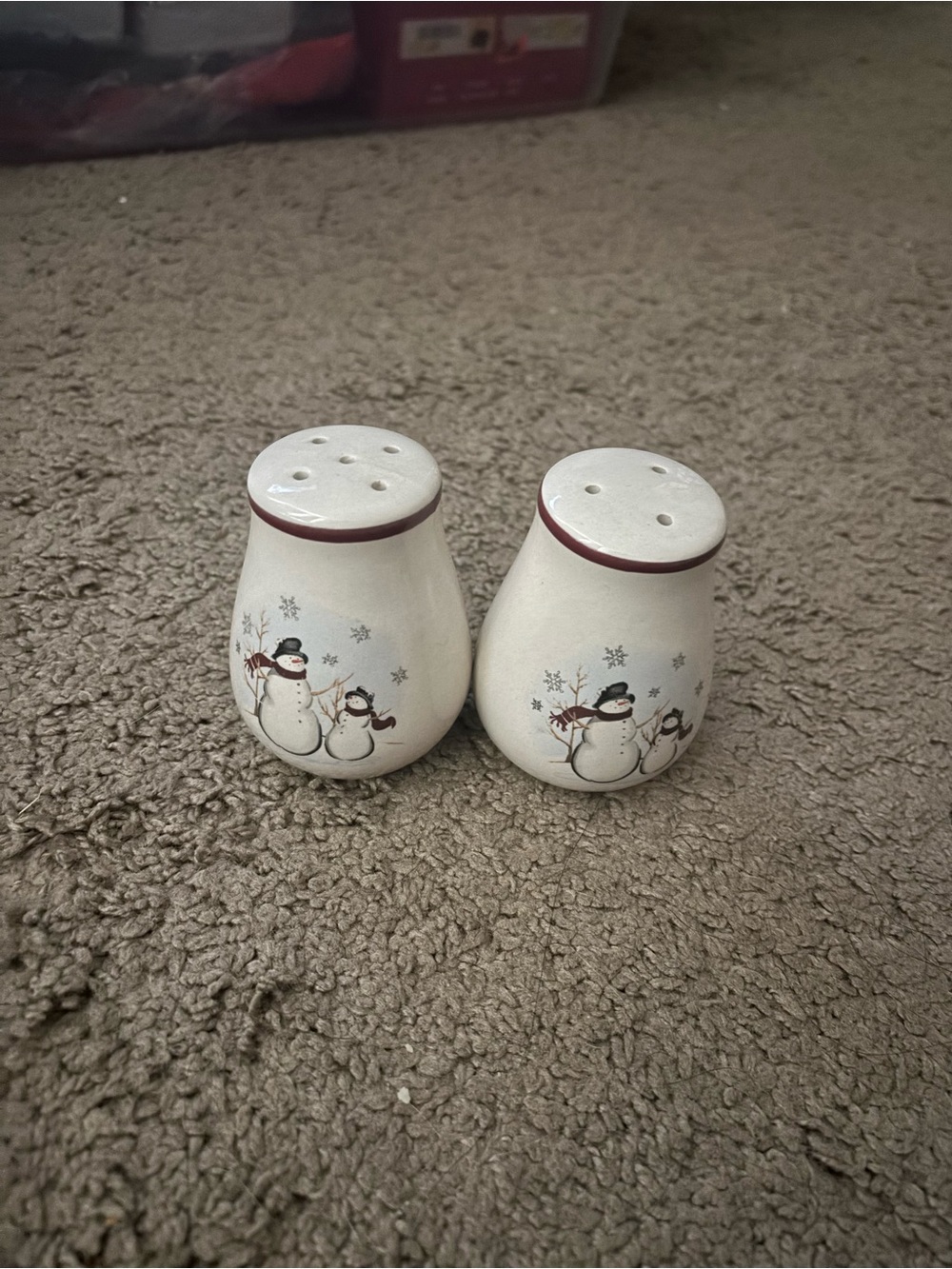 Snowman Ceramic Salt and Pepper Shaker Set - White with Red Trim
